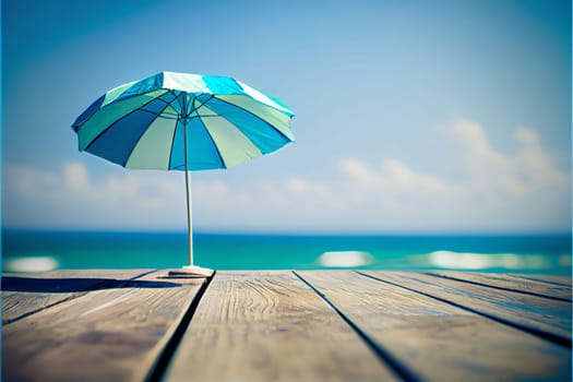 Banner: Beach umbrella on the wooden pier over blue sea and sky background