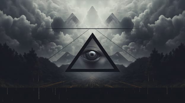 Banner: Mystical landscape with pyramid and eye. 3D rendering.