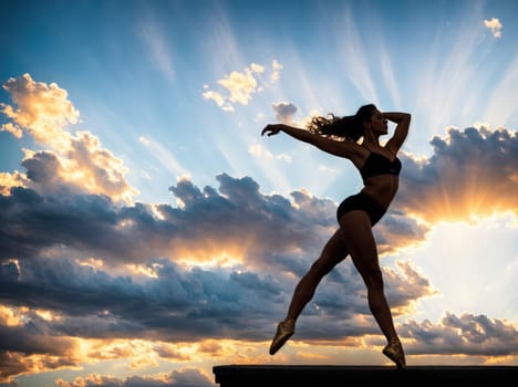 The image shows a woman standing on a balcony at sunset, with her arms outstretched and her hair blowing in the wind.