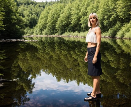 The image shows a woman standing on a rock in the middle of a river, looking out at the water.