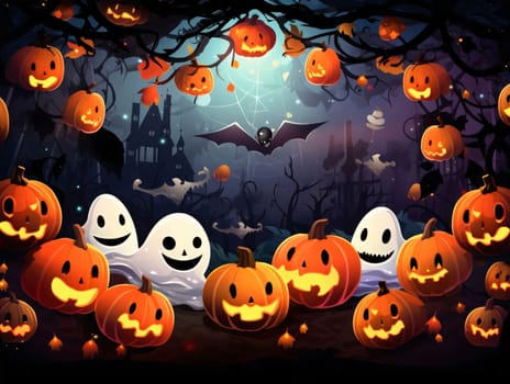 Banner: Halloween background with scary pumpkins, bats and castle, vector illustration