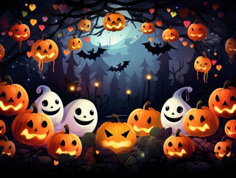 Banner: Halloween background with scary pumpkins and bats. Vector illustration.