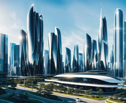 The image depicts a futuristic cityscape with towering skyscrapers and sleek, modern architecture.