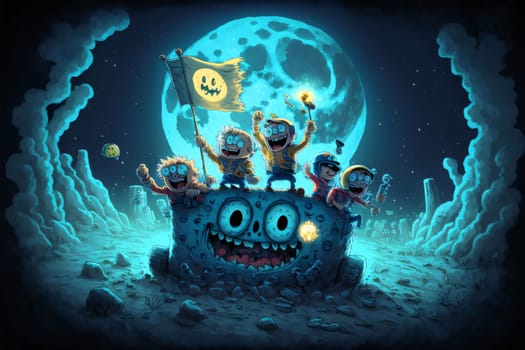 Banner: Happy Halloween concept with zombie and moon on dark background - illustration for children