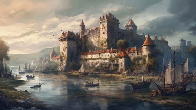 Banner: Fantasy landscape with medieval castle and boats. 3D illustration.