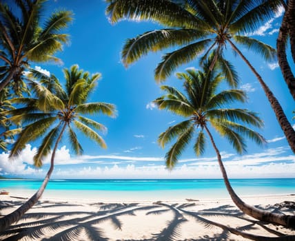 The image shows a beach with palm trees and a clear blue ocean in the background.