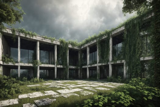 The image shows a large, abandoned building with overgrown plants growing out of the walls and windows, creating an eerie and abandoned atmosphere.