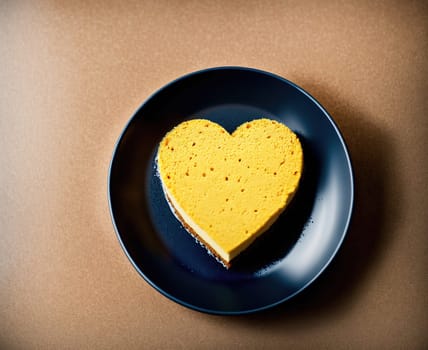 The image shows a heart-shaped piece of cheesecake on a plate with a fork next to it.