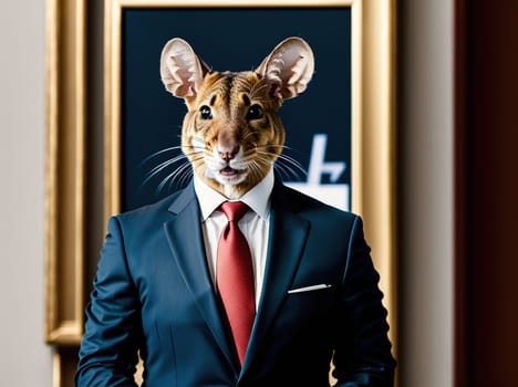 The image shows a man in a suit and tie standing in front of a painting with a rat on his shoulder.