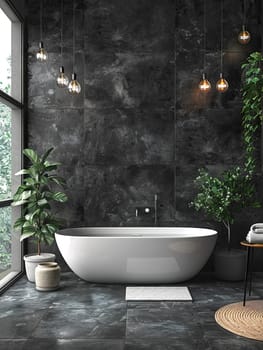 Modern bathroom interior with black tile walls, concrete floor and white bathtub.