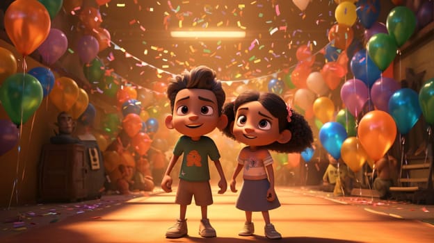 Banner: Little boy and girl with balloons in the background. 3D rendering.