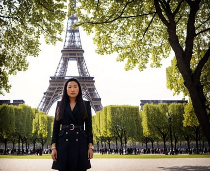 The image shows a woman standing in front of the Eiffel Tower in Paris, France, with the tower in the background and trees and buildings in the foreground.