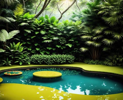 The image depicts a serene and peaceful backyard with a small swimming pool surrounded by lush green plants and trees.