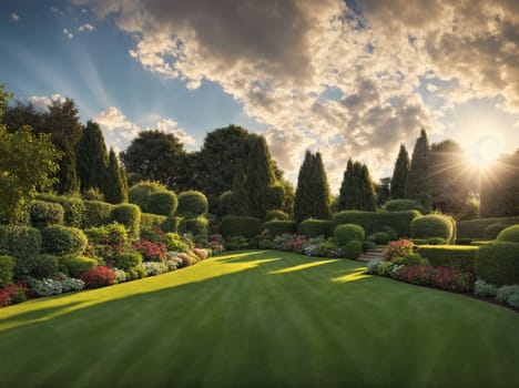 The image shows a well-manicured lawn with hedges and trees in the background, with the sun shining through the clouds.