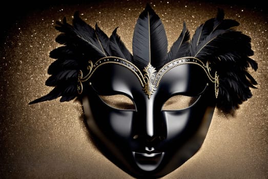 The image is a black and gold mask with feathers on the sides.