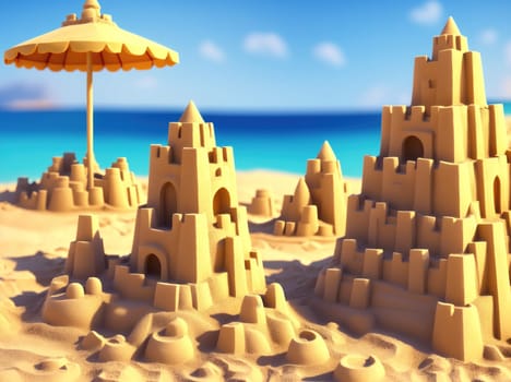The image is a sandcastle with an umbrella on top of it, standing on a beach with a blue sky in the background.