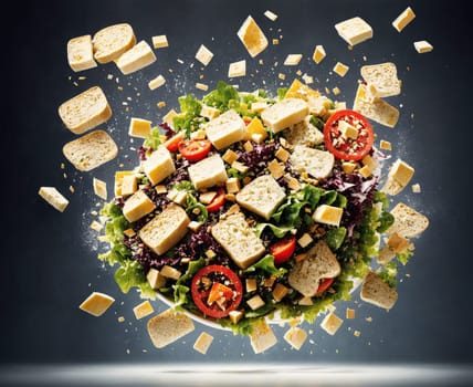The image is a photograph of a salad made up of various ingredients such as lettuce, tomatoes, cheese, and bread, with some of the ingredients flying through the air.