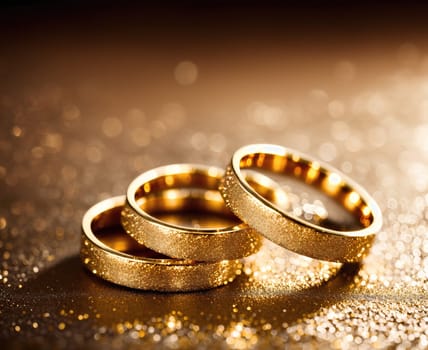 The image shows three gold wedding rings on a glittering background.
