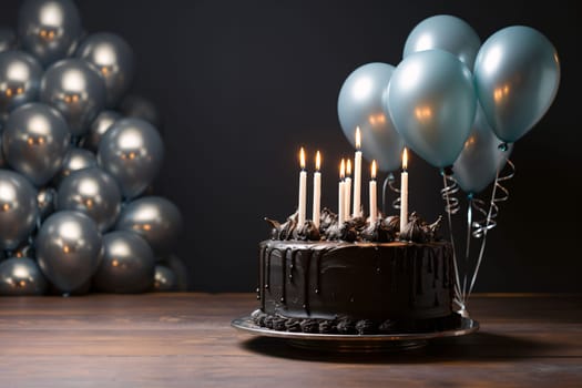 Banner: Birthday cake with burning candles and balloons on wooden table against blurred background
