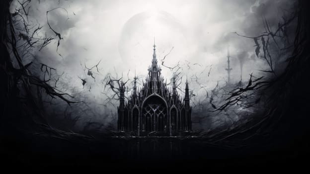 Banner: Halloween background with spooky dark gothic church and full moon