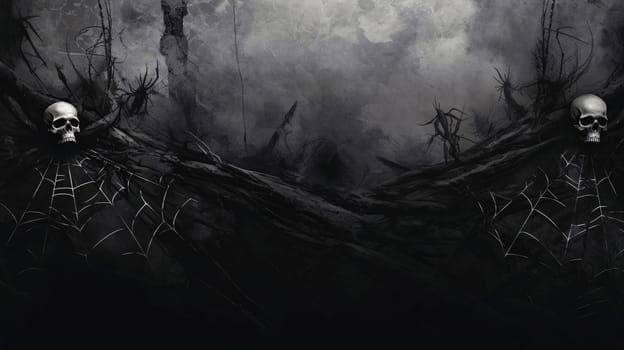 Banner: Halloween background with creepy spooky dark forest and human skull.