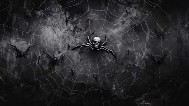 Banner: Halloween background with spider web and human skeleton. 3d rendering