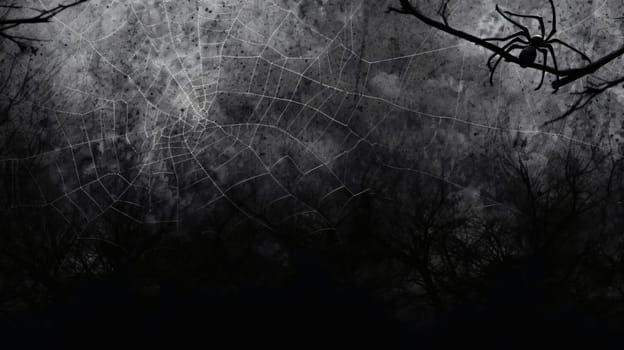 Banner: Halloween background with spiders and cobwebs, black and white