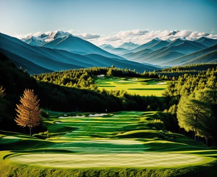 The image shows a scenic golf course with mountains in the background, surrounded by trees and green grass.