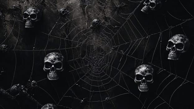 Banner: Halloween background with spider web, human skulls and cobwebs