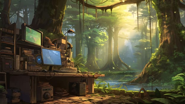 Banner: Fantasy landscape with old computer in the forest. 3D rendering