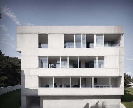 The image shows a modern white building with large windows and balconies on the upper floors, and a small garden in front of it.