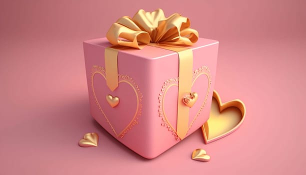 Banner: Pink gift box with gold bow and hearts. 3D rendering.