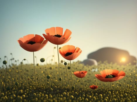 The image depicts a field of poppies swaying in the breeze on a sunny day, with a small rock formation in the background.