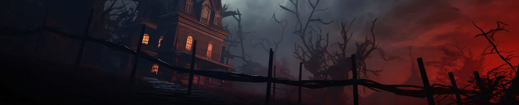 Banner: Halloween horror scene with haunted house and graveyard. Panoramic banner