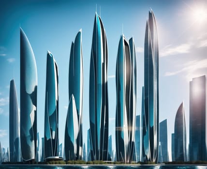 The image depicts a futuristic cityscape with tall, sleek skyscrapers and a large body of water in the foreground.