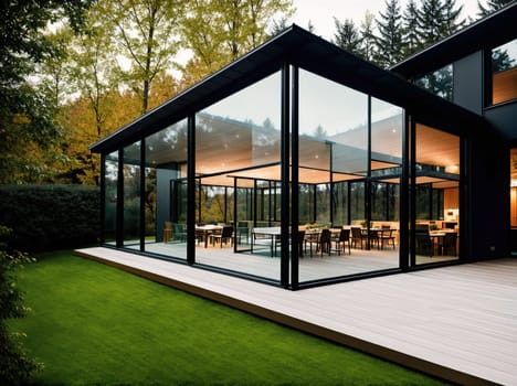 The image shows a modern glass-walled house with a spacious living room, dining area, and outdoor patio.