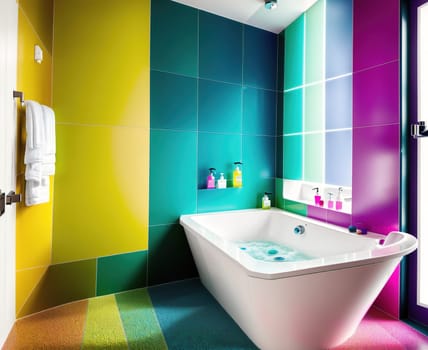 The image is a bathroom with a white bathtub, colorful tiles on the walls, and a window with a view of the outdoors.