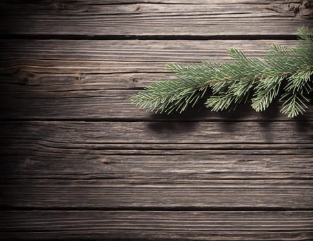 The image shows a wooden background with a pine branch hanging from the top of the image.