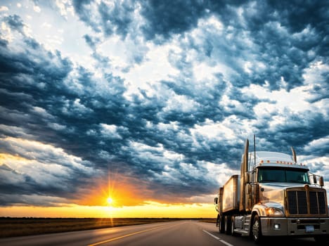 The image shows a large, white semi-truck driving down a deserted highway at sunset with a cloudy sky in the background
