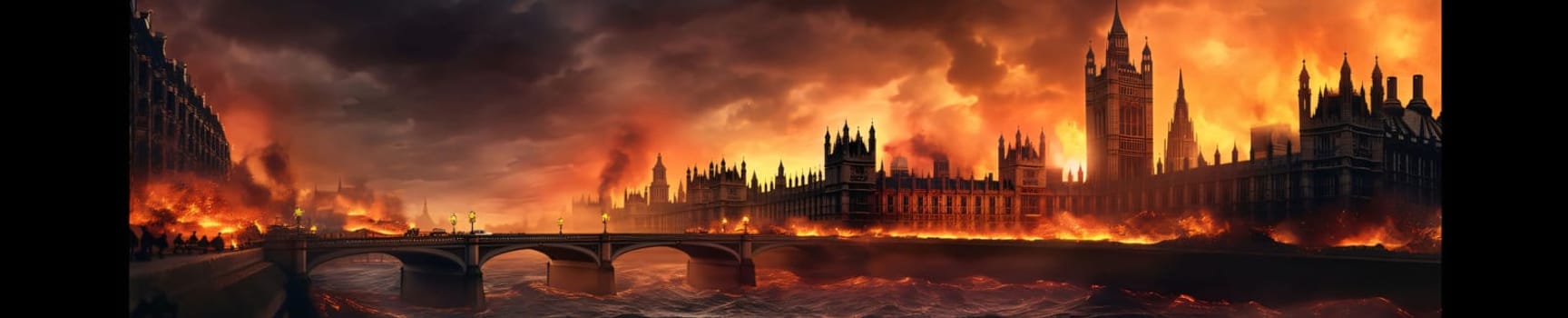 Banner: Big Ben and Houses of Parliament in a fire, London, UK