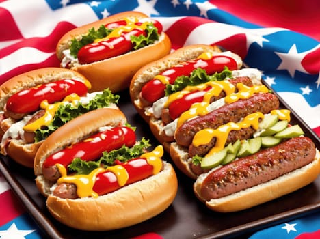 The image shows a tray of hot dogs, hamburgers, and condiments on a black background with an American flag in the background.
