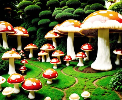 The image shows a group of mushrooms growing in a grassy field, with some of them having caps that are open and others that are closed.