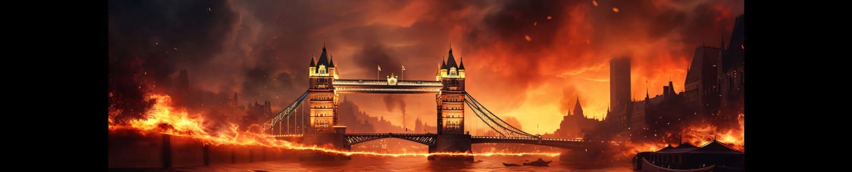 Banner: Tower Bridge burning in London, UK, panoramic banner