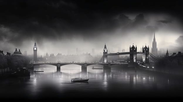 Banner: Panoramic view of London at night with fog. 3D Rendering