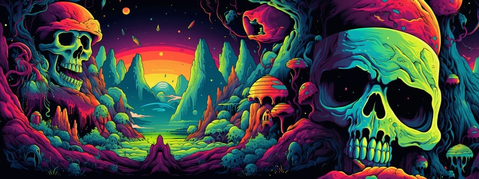 Banner: Halloween night background with skull, spooky landscape, vector illustration