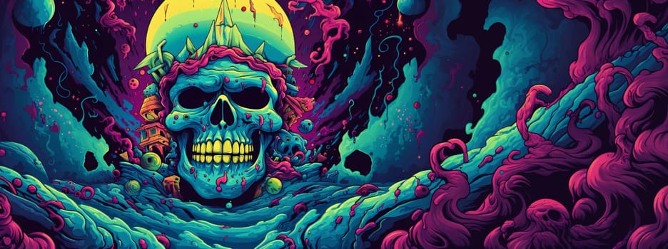 Banner: Skull in the sea. Vector illustration of a cartoon skull.