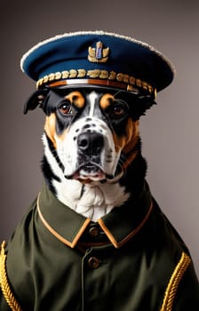 The image shows a dog wearing a military uniform and standing at attention, with its paw on its hind leg and its head tilted to the side.