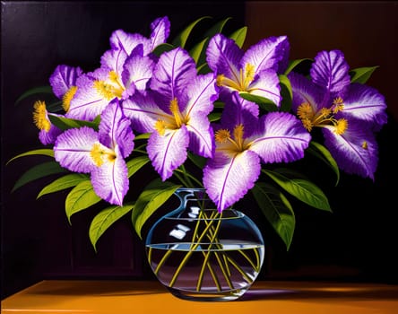 The image shows a vase filled with purple flowers on a table.