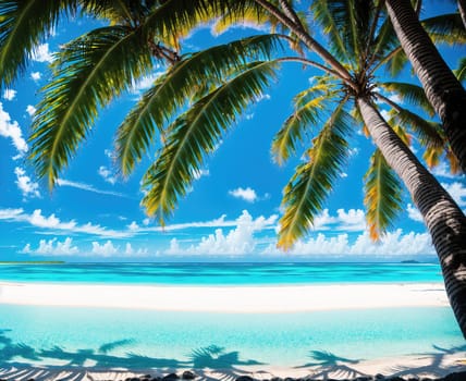 The image shows a tropical beach with palm trees and a clear blue ocean in the background.