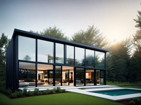 The image shows a modern glass house with a swimming pool in the backyard.